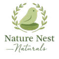 Minimalist green bird logo in a leaf wreath with the brand name “Nature Nest Naturals” in elegant serif and script font